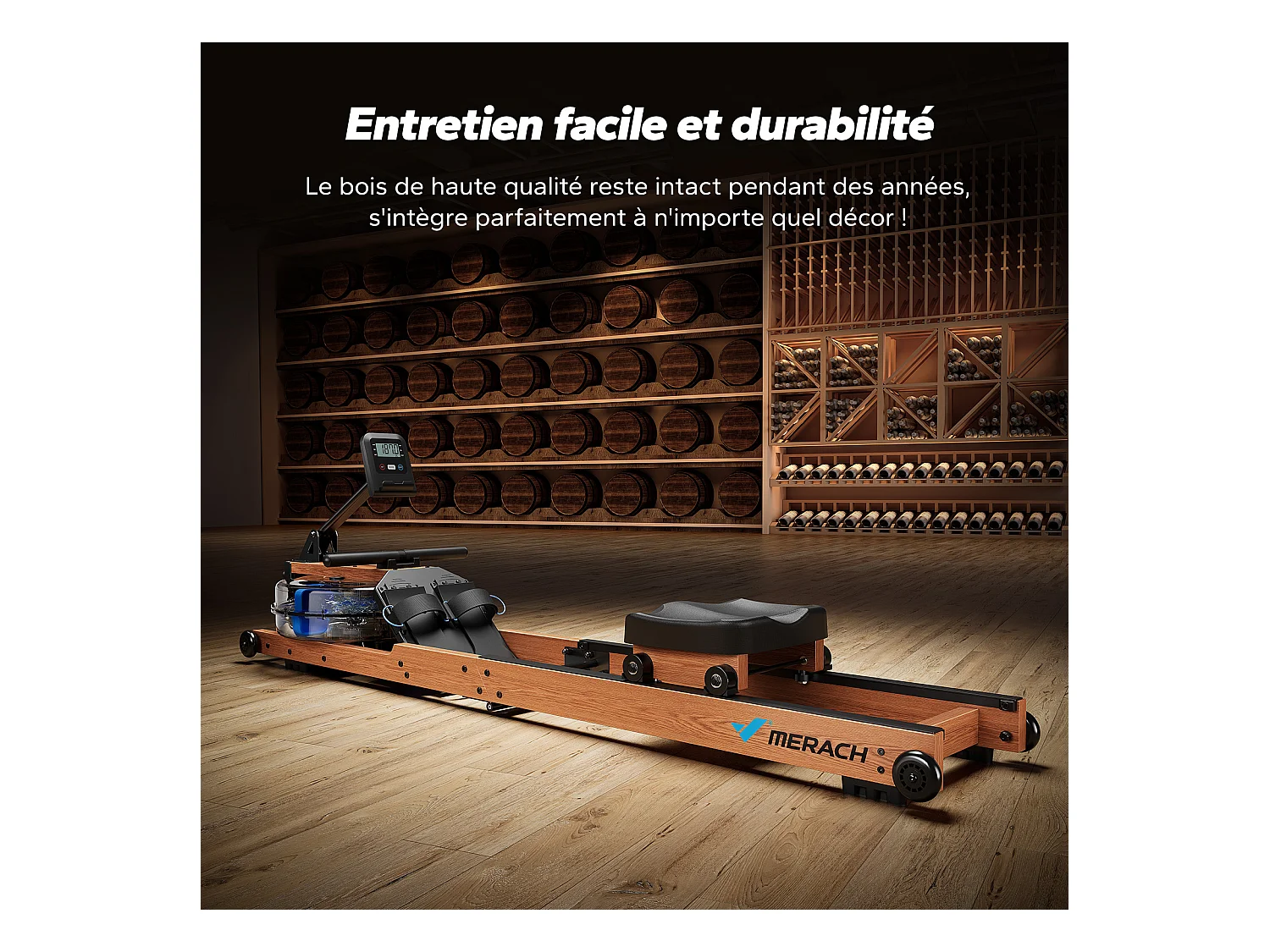 Rameur À Eau Pliable Merach, 6 Niveaux De Résistance, Bois Massif, Compatible Kinomap & Zwift, Entraînement Connecté À Domicile