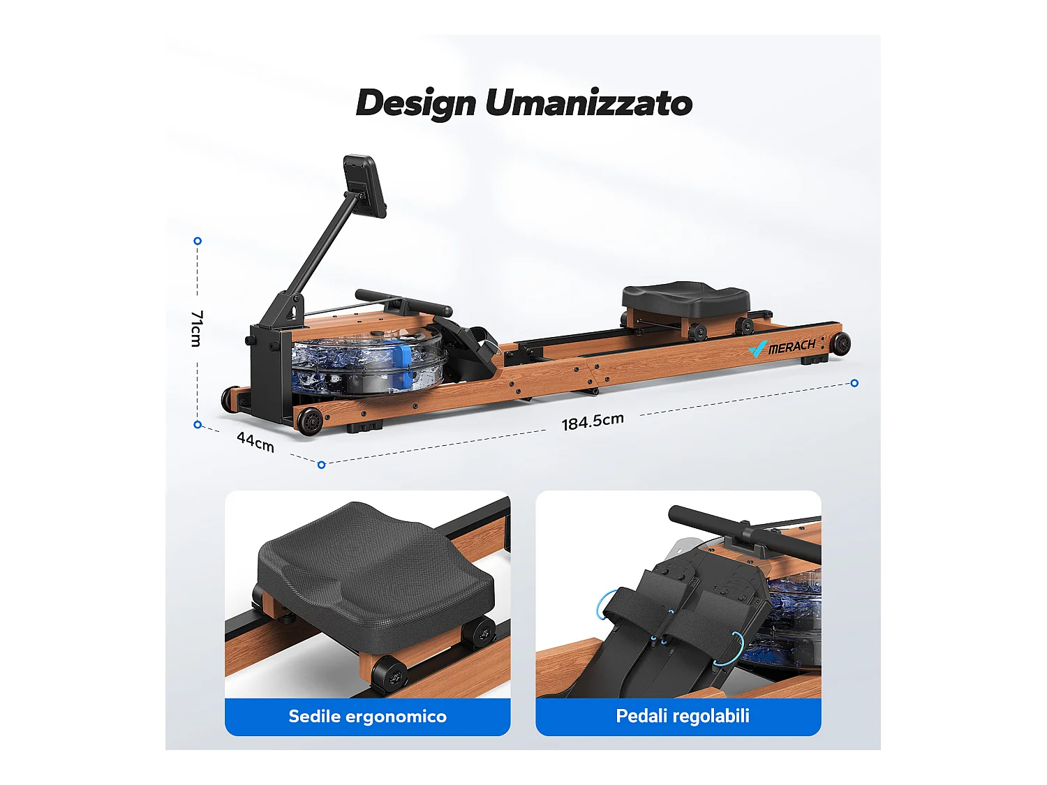 Rameur À Eau Pliable Merach, 6 Niveaux De Résistance, Bois Massif, Compatible Kinomap & Zwift, Entraînement Connecté À Domicile