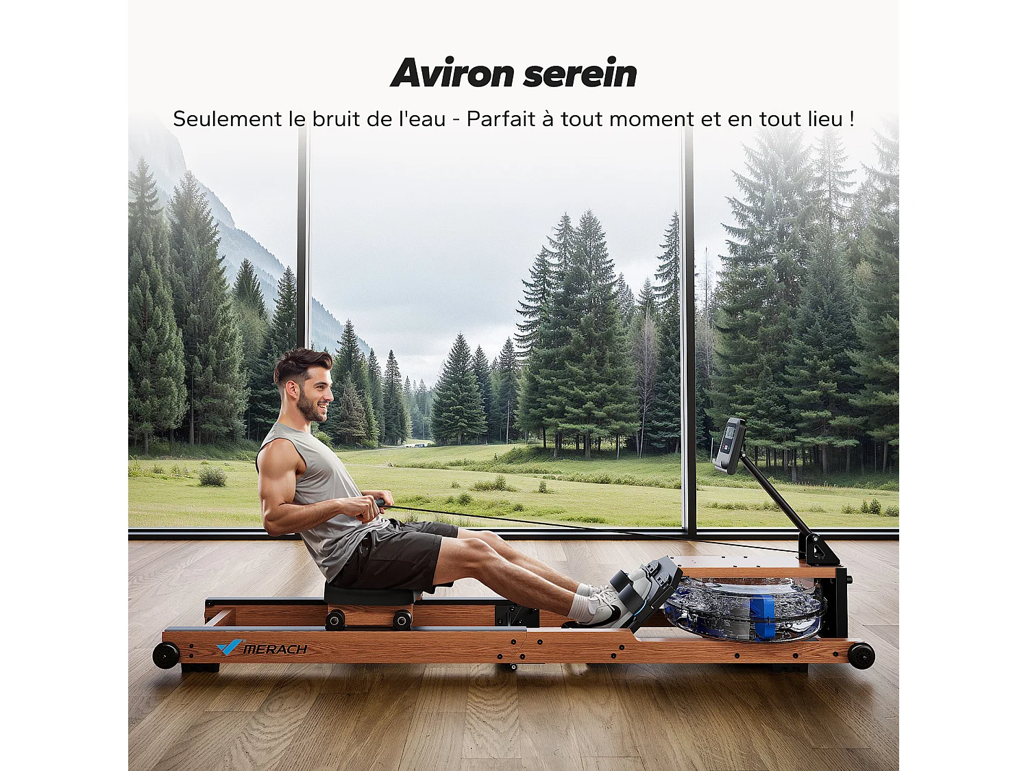 Rameur À Eau Pliable Merach, 6 Niveaux De Résistance, Bois Massif, Compatible Kinomap & Zwift, Entraînement Connecté À Domicile