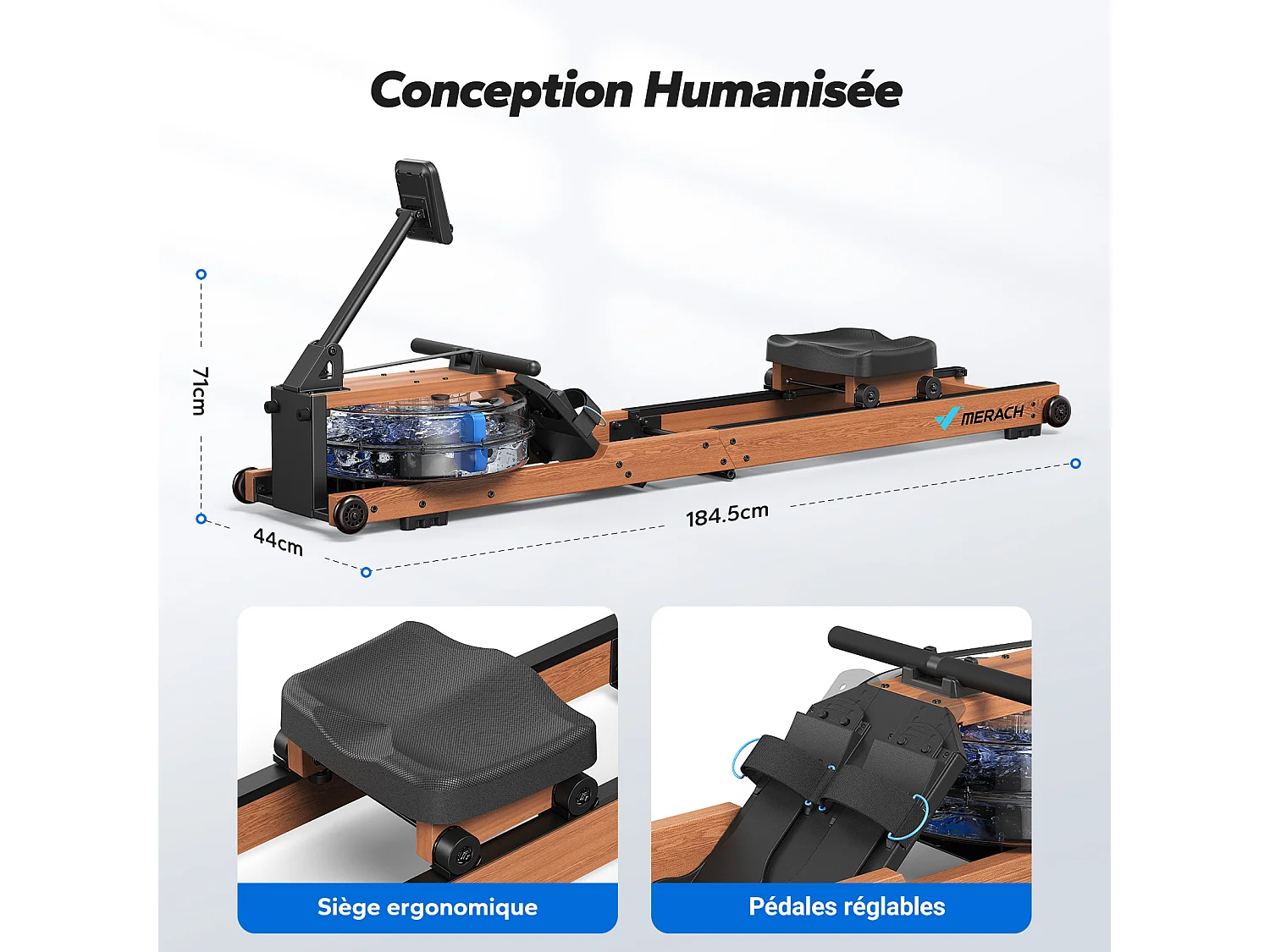Rameur À Eau Pliable Merach, 6 Niveaux De Résistance, Bois Massif, Compatible Kinomap & Zwift, Entraînement Connecté À Domicile