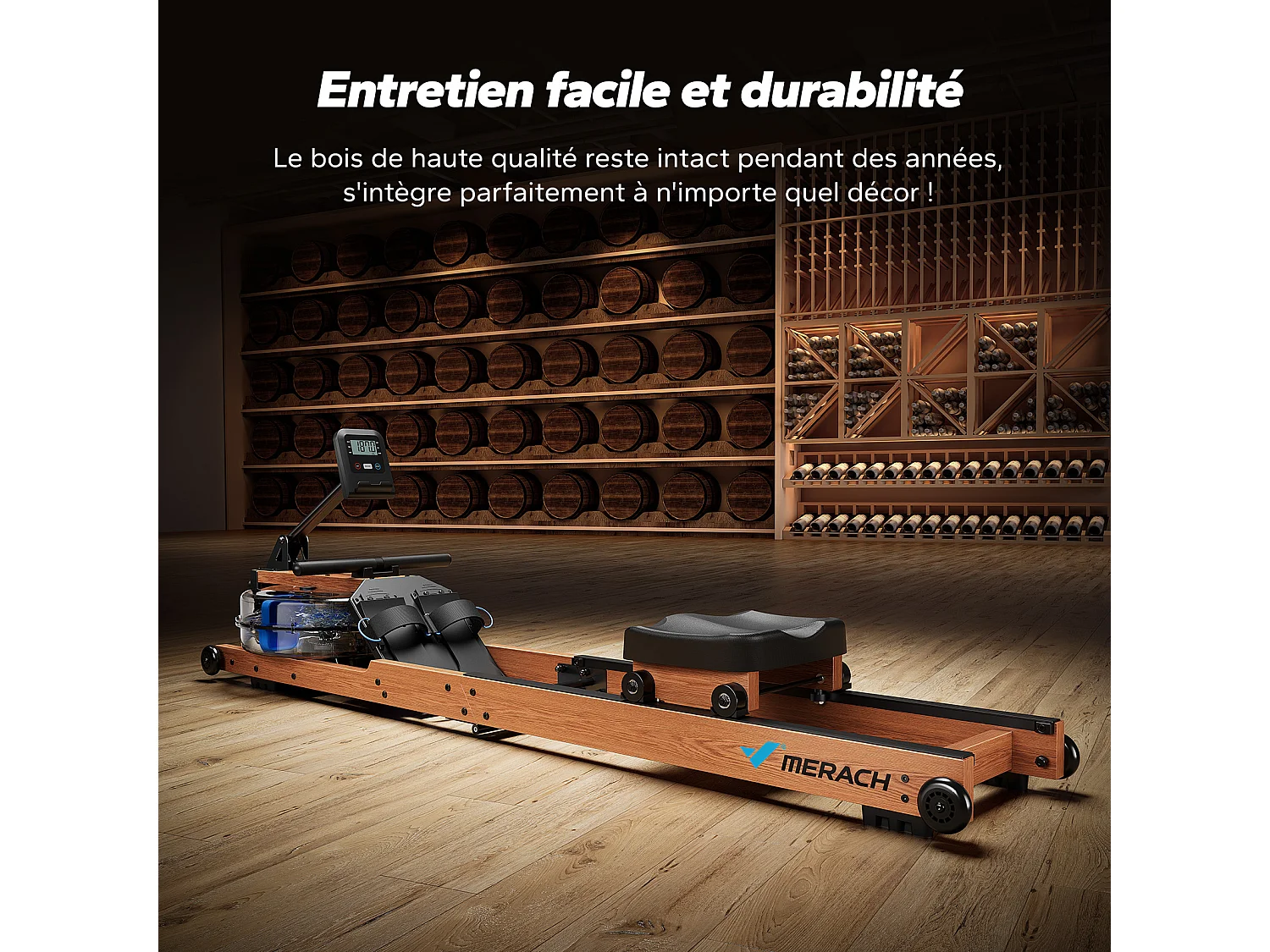 Rameur À Eau Pliable Merach, 6 Niveaux De Résistance, Bois Massif, Compatible Kinomap & Zwift, Entraînement Connecté À Domicile