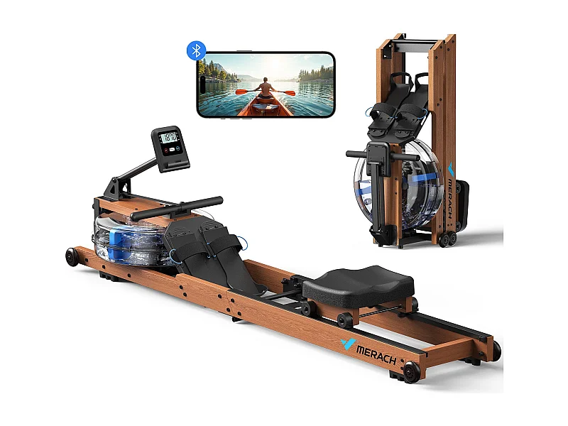 Rameur À Eau Pliable Merach, 6 Niveaux De Résistance, Bois Massif, Compatible Kinomap & Zwift, Entraînement Connecté À Domicile