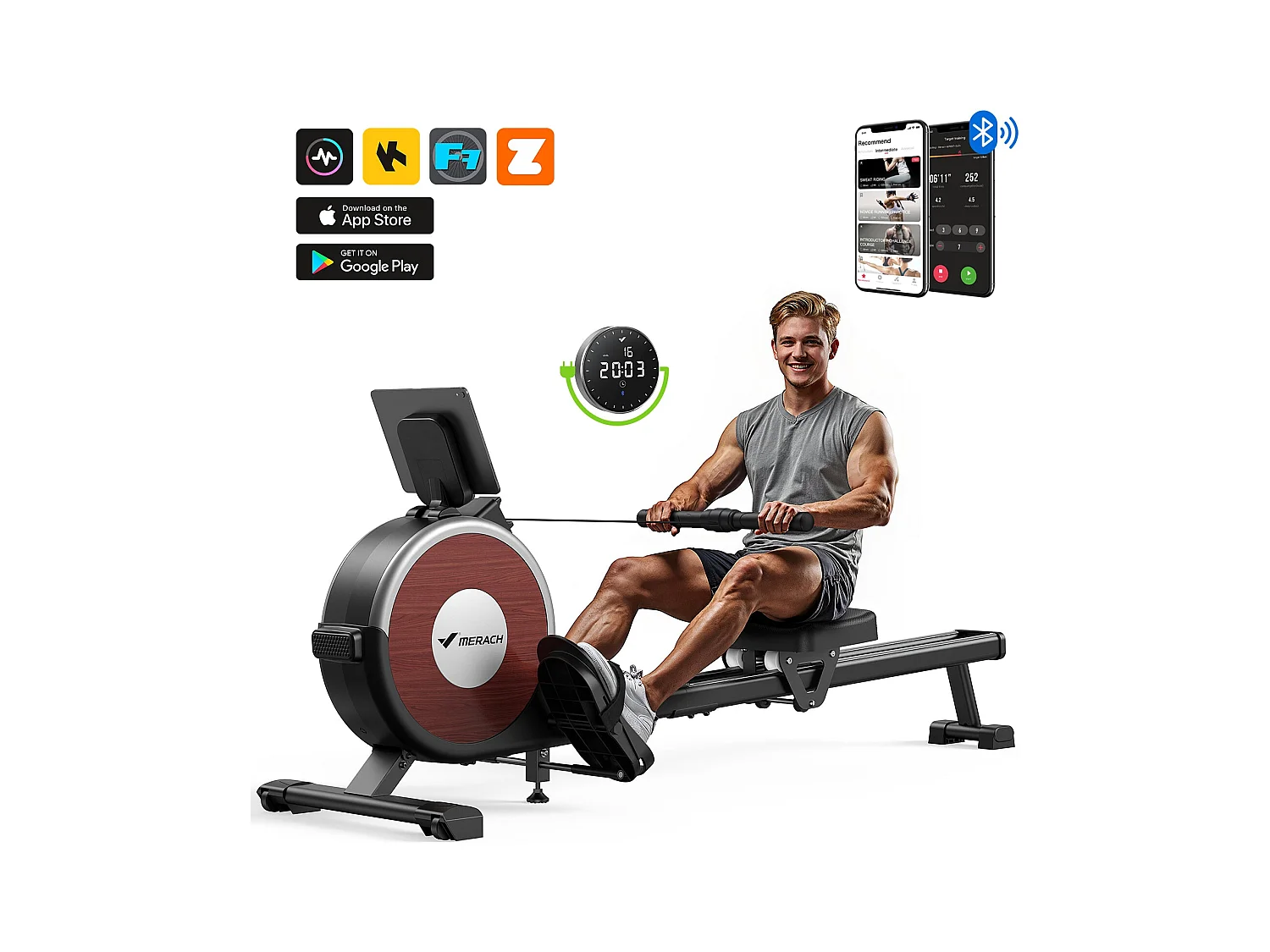 Rameur Magnétique Électrique Pour La Maison Merach, 16 Niveaux De Résistance, Réglage Intelligent, Compatible Avec App