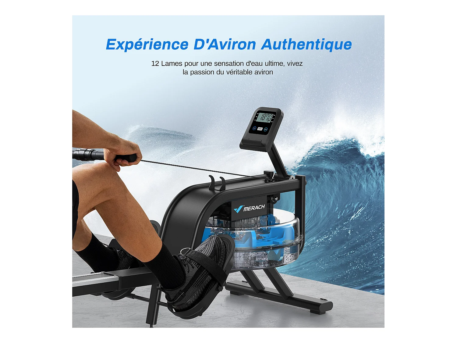 Rameur À Eau D'appartement Merach, Avec Moniteur Bluetooth, Support De Tablette Réglable, Pliable, Noir, Connecté App