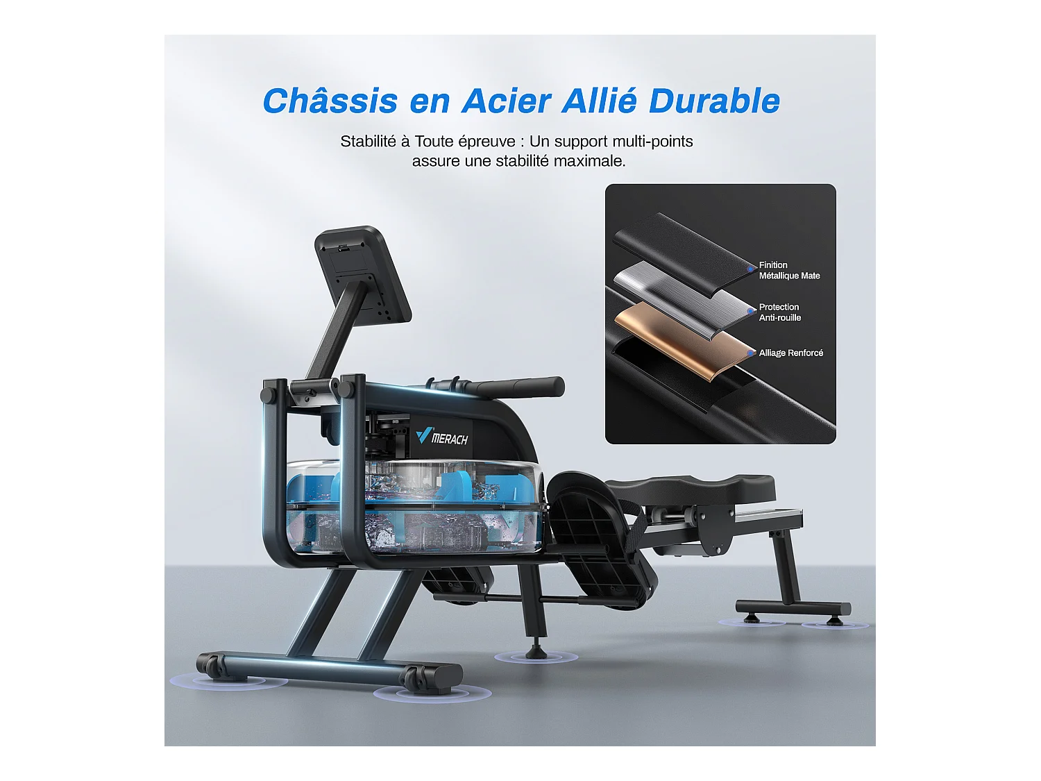 Rameur À Eau D'appartement Merach, Avec Moniteur Bluetooth, Support De Tablette Réglable, Pliable, Noir, Connecté App