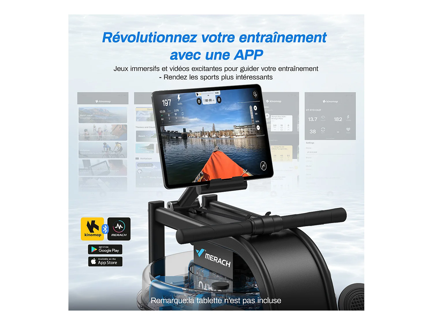 Rameur À Eau D'appartement Merach, Avec Moniteur Bluetooth, Support De Tablette Réglable, Pliable, Noir, Connecté App