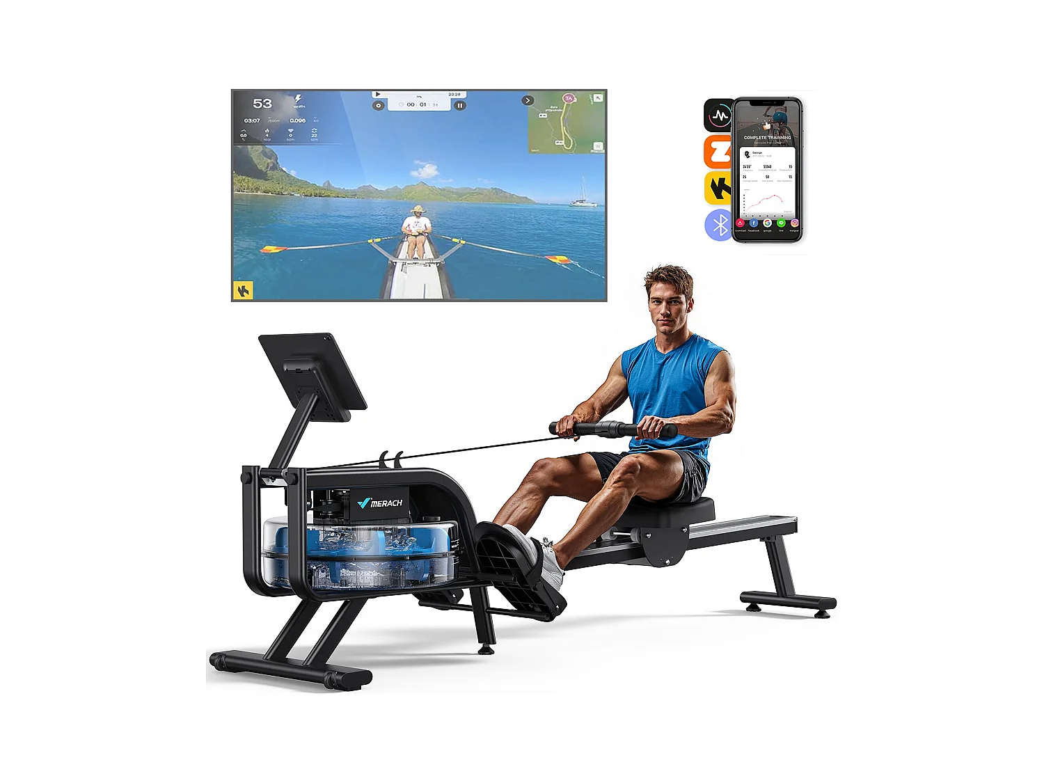 Vogatore ad acqua da appartamento Merach, monitor Bluetooth, supporto tablet regolabile, pieghevole, nero, app connessa
