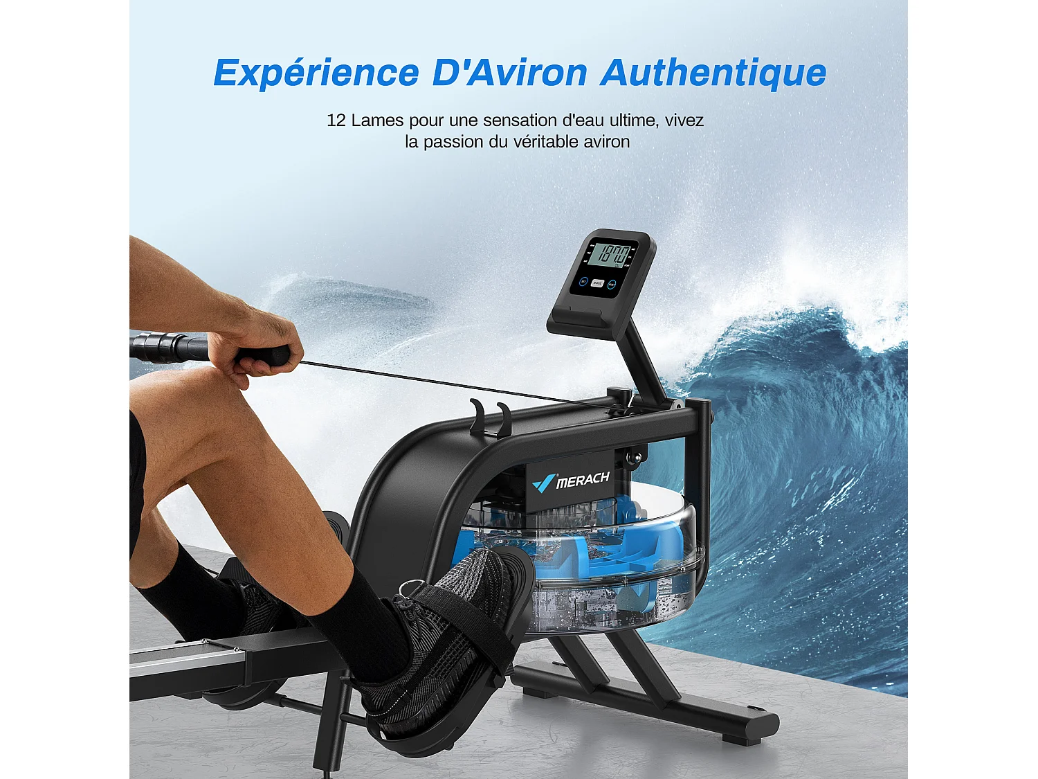 Rameur À Eau D'appartement Merach, Avec Moniteur Bluetooth, Support De Tablette Réglable, Pliable, Noir, Connecté App