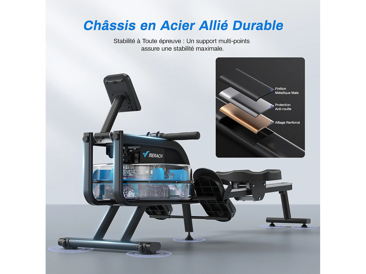 Rameur À Eau D'appartement Merach, Avec Moniteur Bluetooth, Support De Tablette Réglable, Pliable, Noir, Connecté App