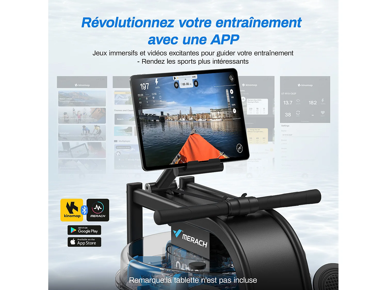Rameur À Eau D'appartement Merach, Avec Moniteur Bluetooth, Support De Tablette Réglable, Pliable, Noir, Connecté App