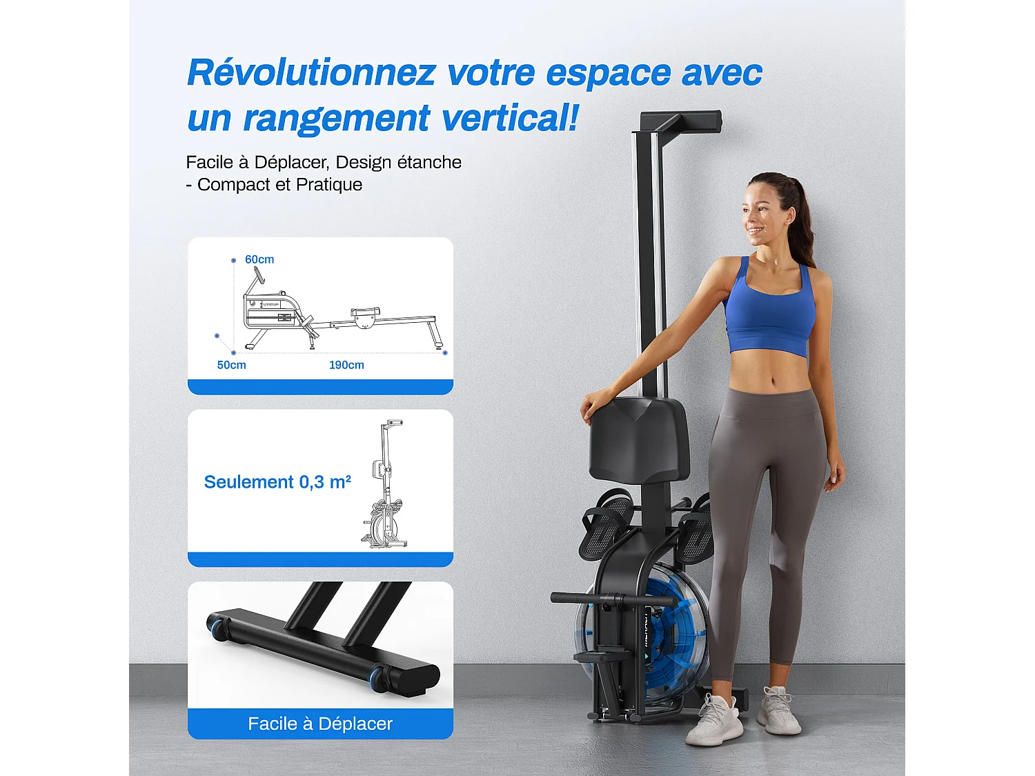 Rameur À Eau D'appartement Merach, Avec Moniteur Bluetooth, Support De Tablette Réglable, Pliable, Noir, Connecté App