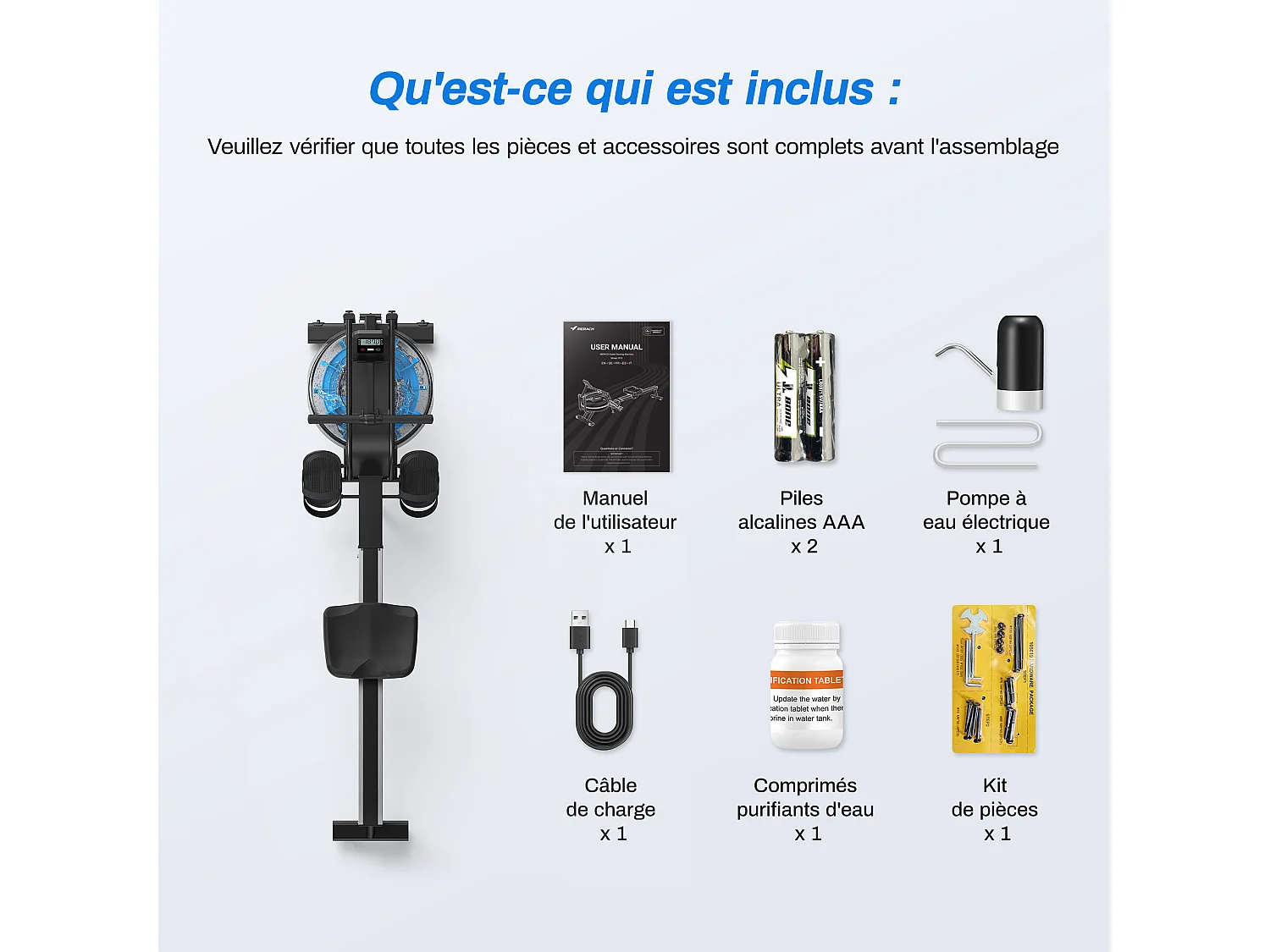 Rameur À Eau D'appartement Merach, Avec Moniteur Bluetooth, Support De Tablette Réglable, Pliable, Noir, Connecté App