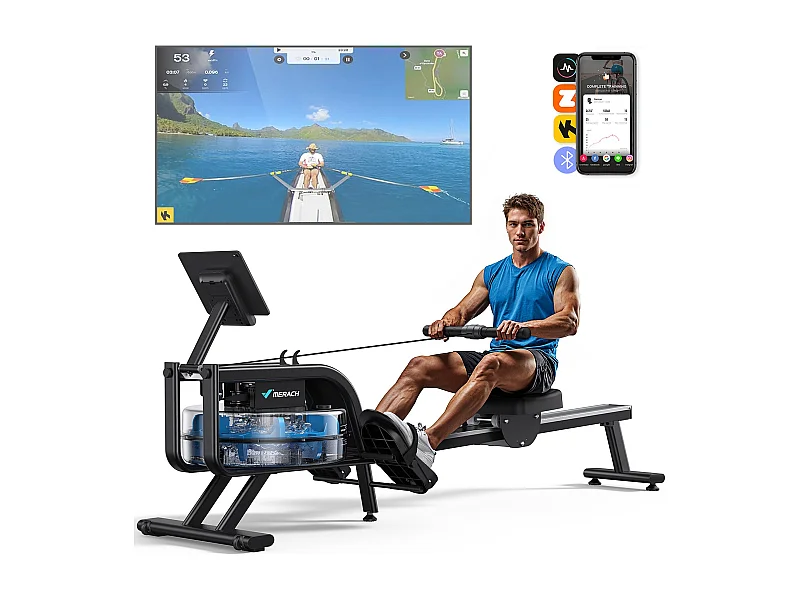 Rameur À Eau D'appartement Merach, Avec Moniteur Bluetooth, Support De Tablette Réglable, Pliable, Noir, Connecté App