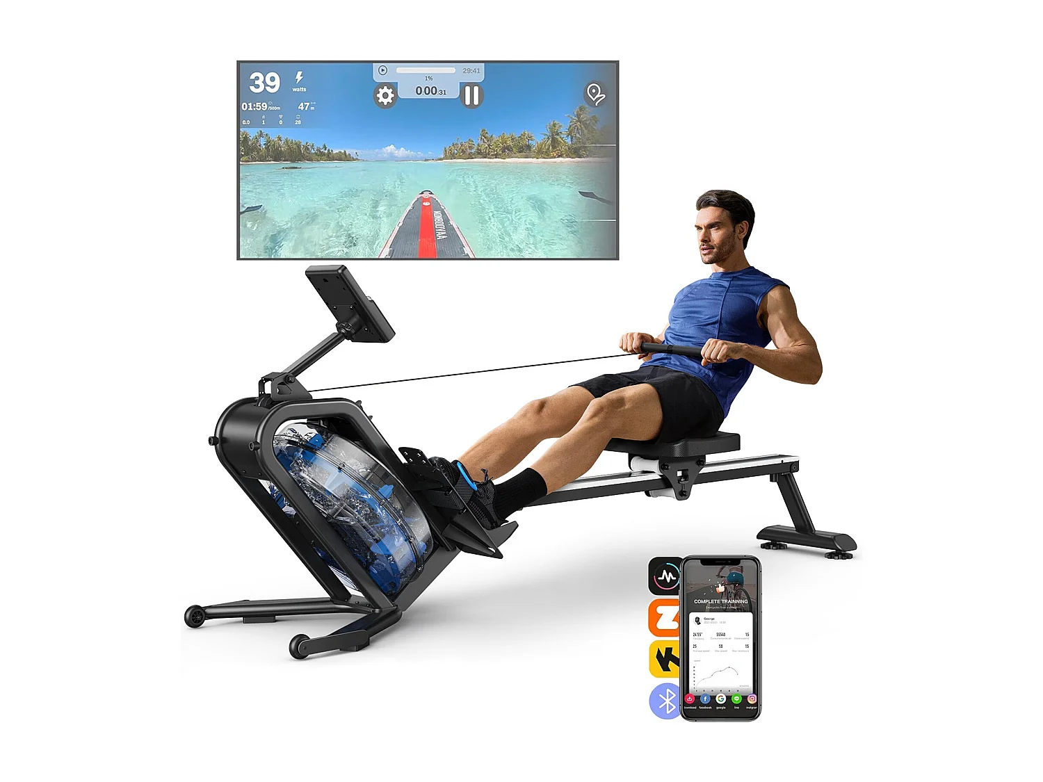 Rameur À Eau D'appartement - Merach, 6 Niveaux De Résistance, Moniteur Bluetooth, Support De Tablette, Pliable, Noir, Connecté App Zwift, Kinomap, Merach