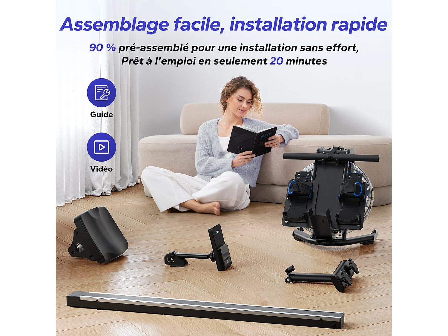 Rameur À Eau D'appartement - Merach, 6 Niveaux De Résistance, Moniteur Bluetooth, Support De Tablette, Pliable, Noir, Connecté App Zwift, Kinomap, Merach