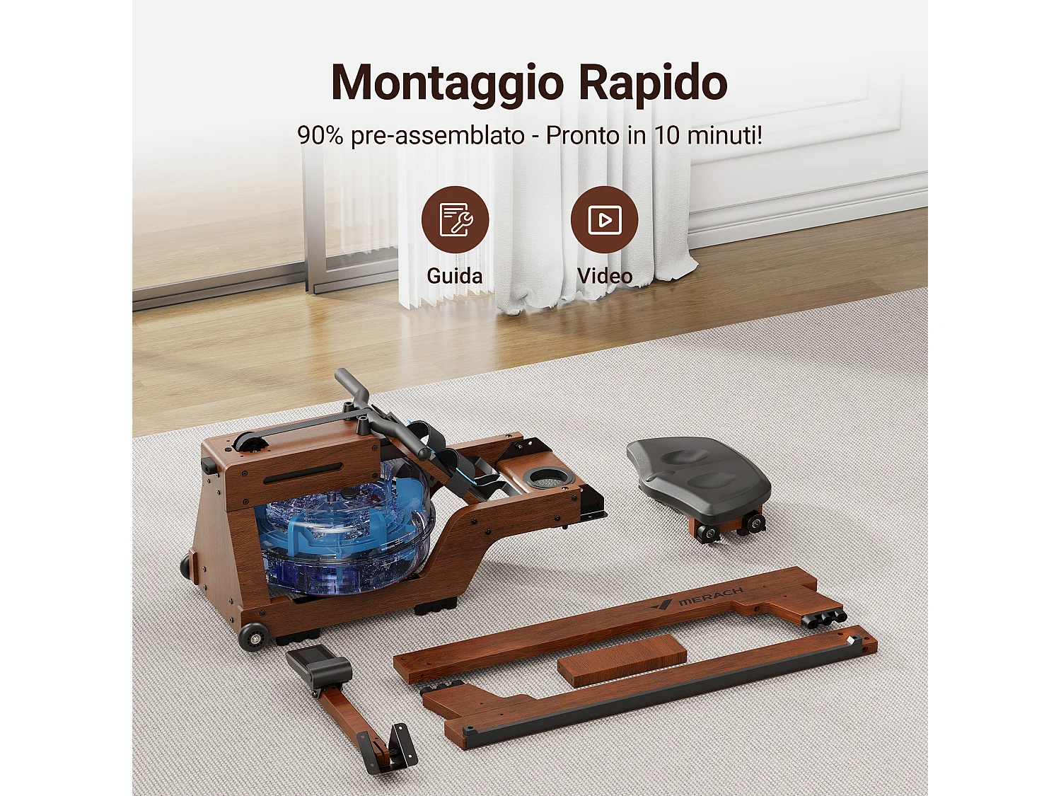 Rameur À Eau D'appartement - Merach, 6 Niveaux De Résistance, Moniteur Bluetooth, Support De Tablette, Pliable, Noir, Connecté App Zwift, Kinomap, Merach