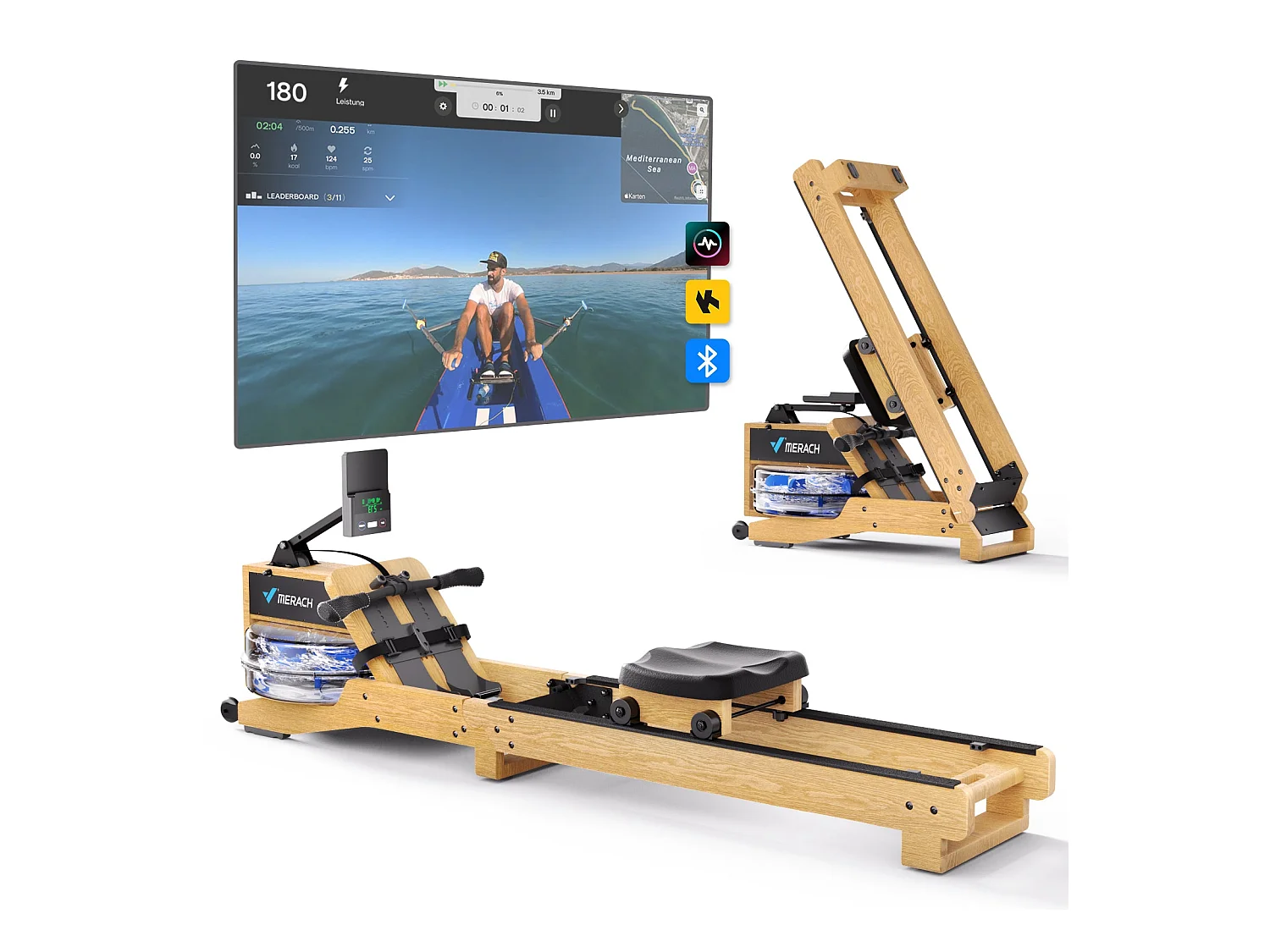 Rameur à eau pliable MERACH, 15 L, 6 repères de remplissage, Connectivité APP, Ecran LCD, Max 150kg, Bois d'hévéa clair
