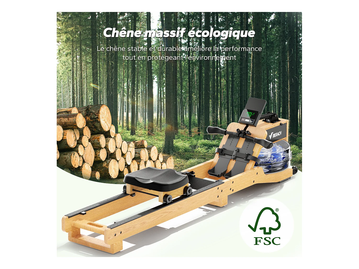 Rameur à eau pliable MERACH, 15 L, 6 repères de remplissage, Connectivité APP, Ecran LCD, Max 150kg, Bois d'hévéa clair