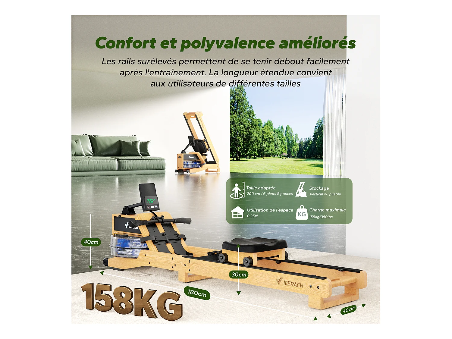 Rameur à eau pliable MERACH, 15 L, 6 repères de remplissage, Connectivité APP, Ecran LCD, Max 150kg, Bois d'hévéa clair