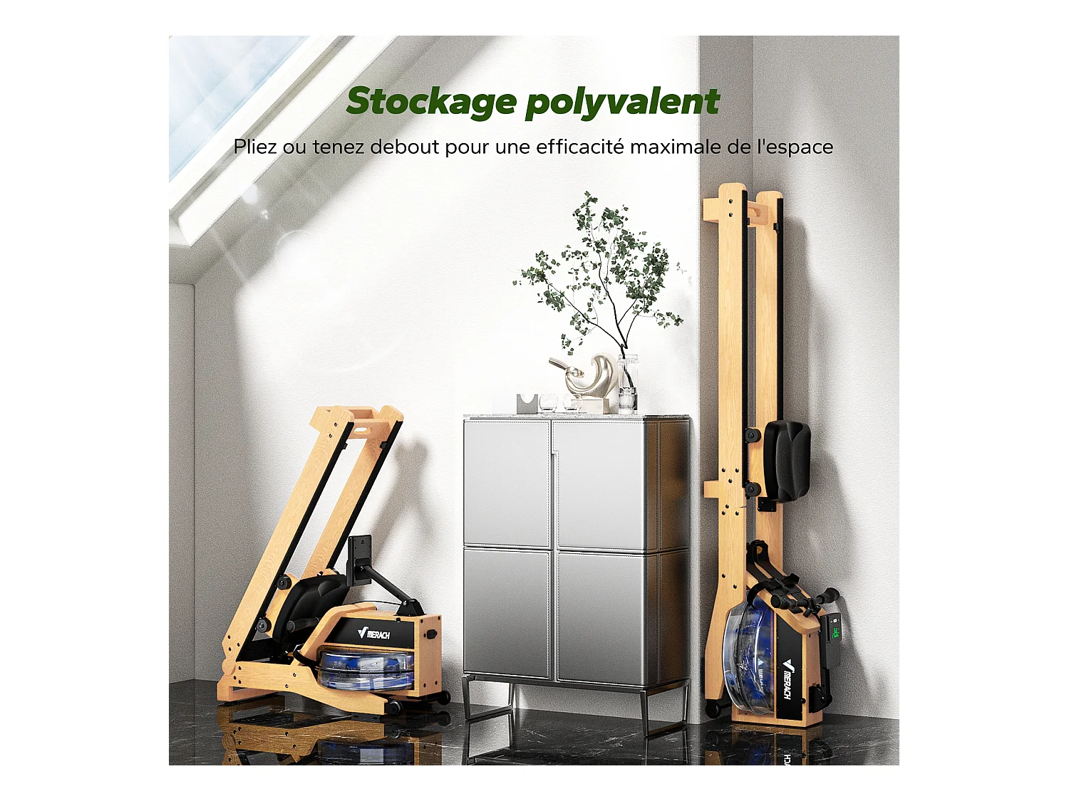 Rameur à eau pliable MERACH, 15 L, 6 repères de remplissage, Connectivité APP, Ecran LCD, Max 150kg, Bois d'hévéa clair