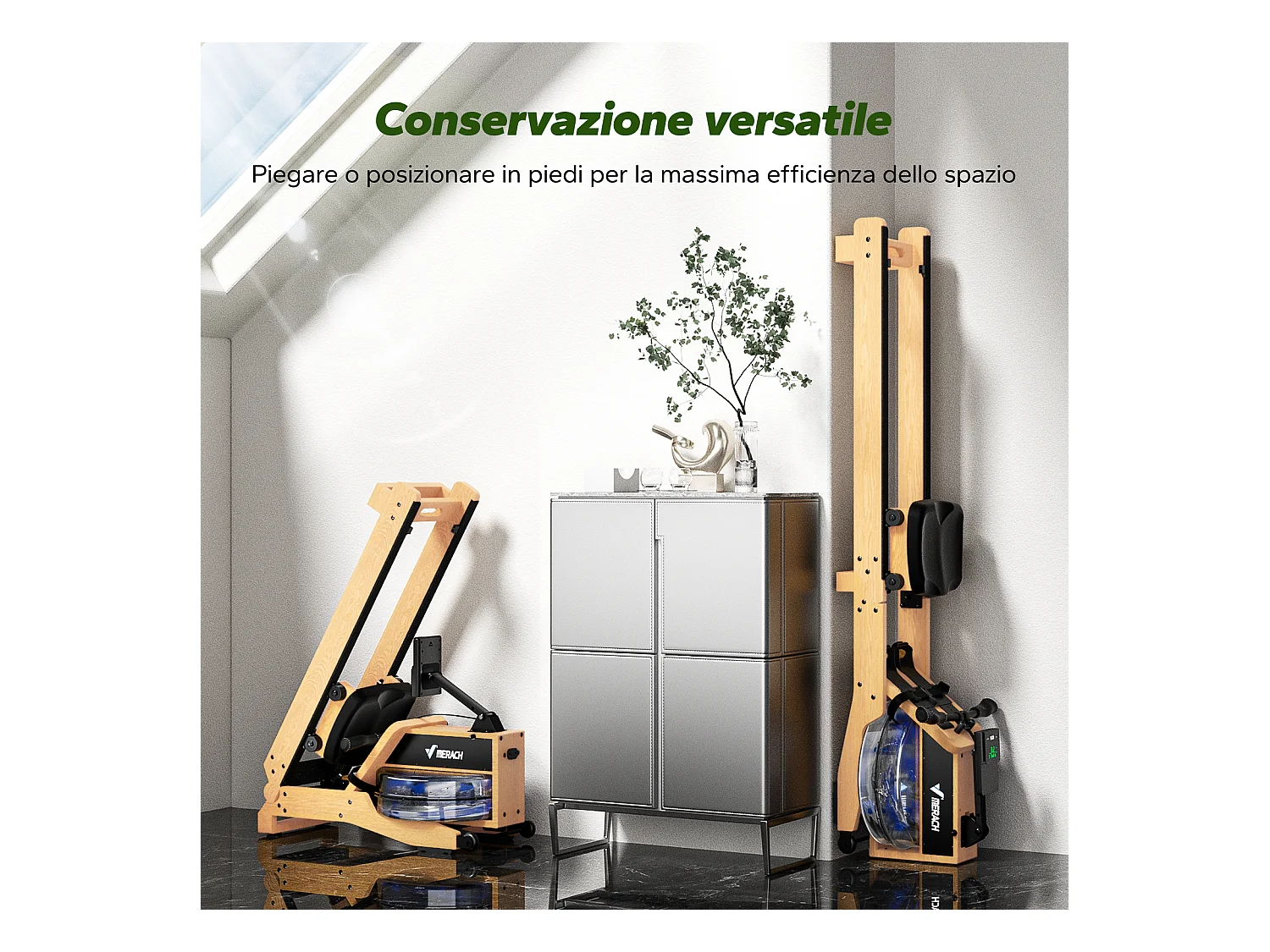 Rameur à eau pliable MERACH, 15 L, 6 repères de remplissage, Connectivité APP, Ecran LCD, Max 150kg, Bois d'hévéa clair