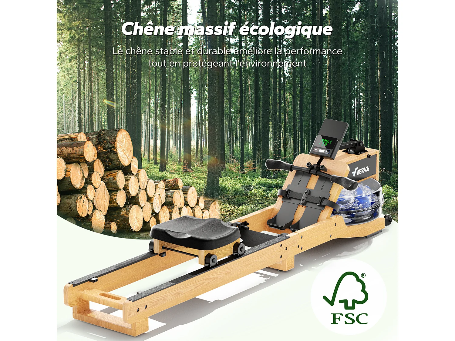 Rameur à eau pliable MERACH, 15 L, 6 repères de remplissage, Connectivité APP, Ecran LCD, Max 150kg, Bois d'hévéa clair