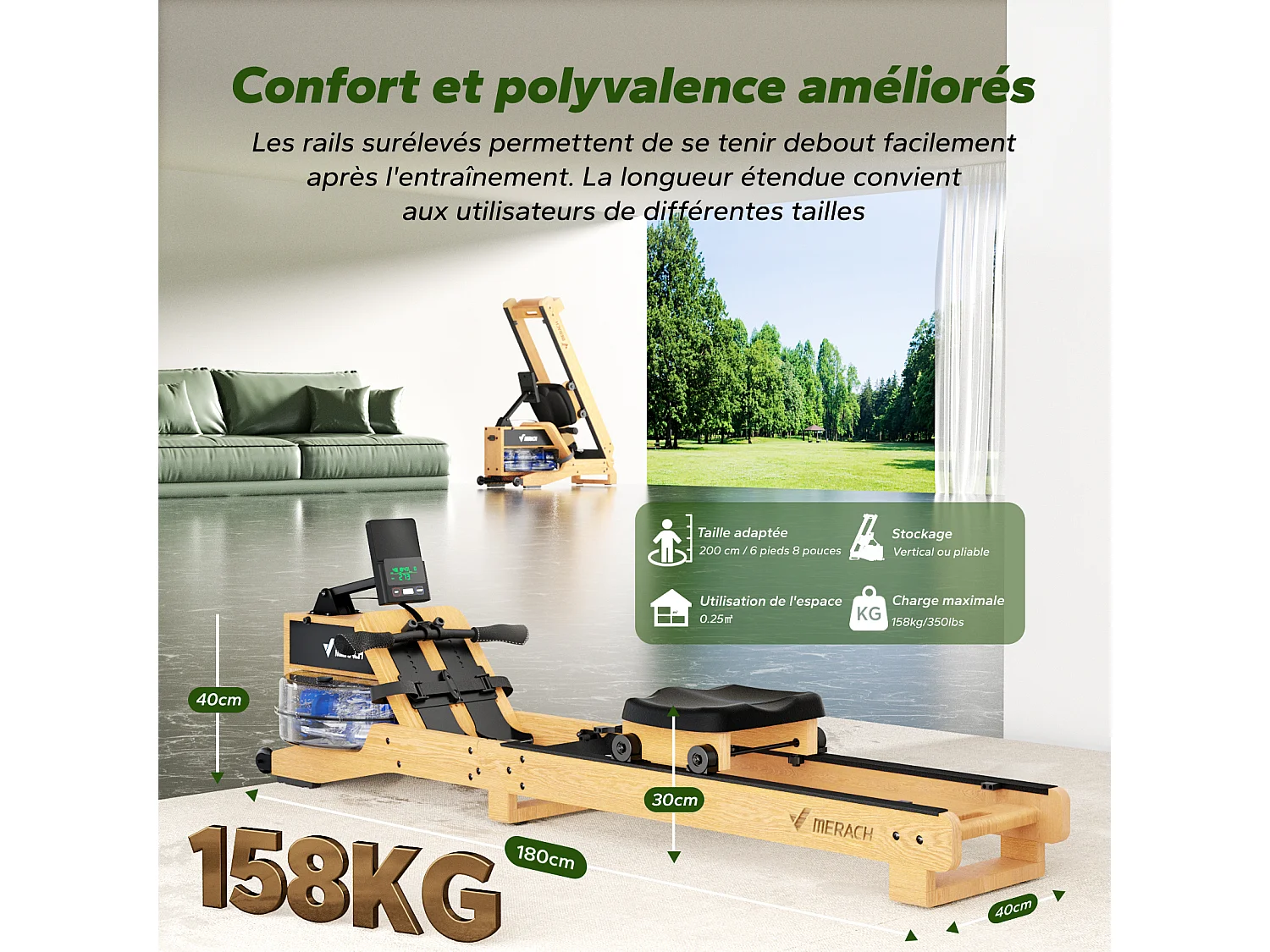 Rameur à eau pliable MERACH, 15 L, 6 repères de remplissage, Connectivité APP, Ecran LCD, Max 150kg, Bois d'hévéa clair