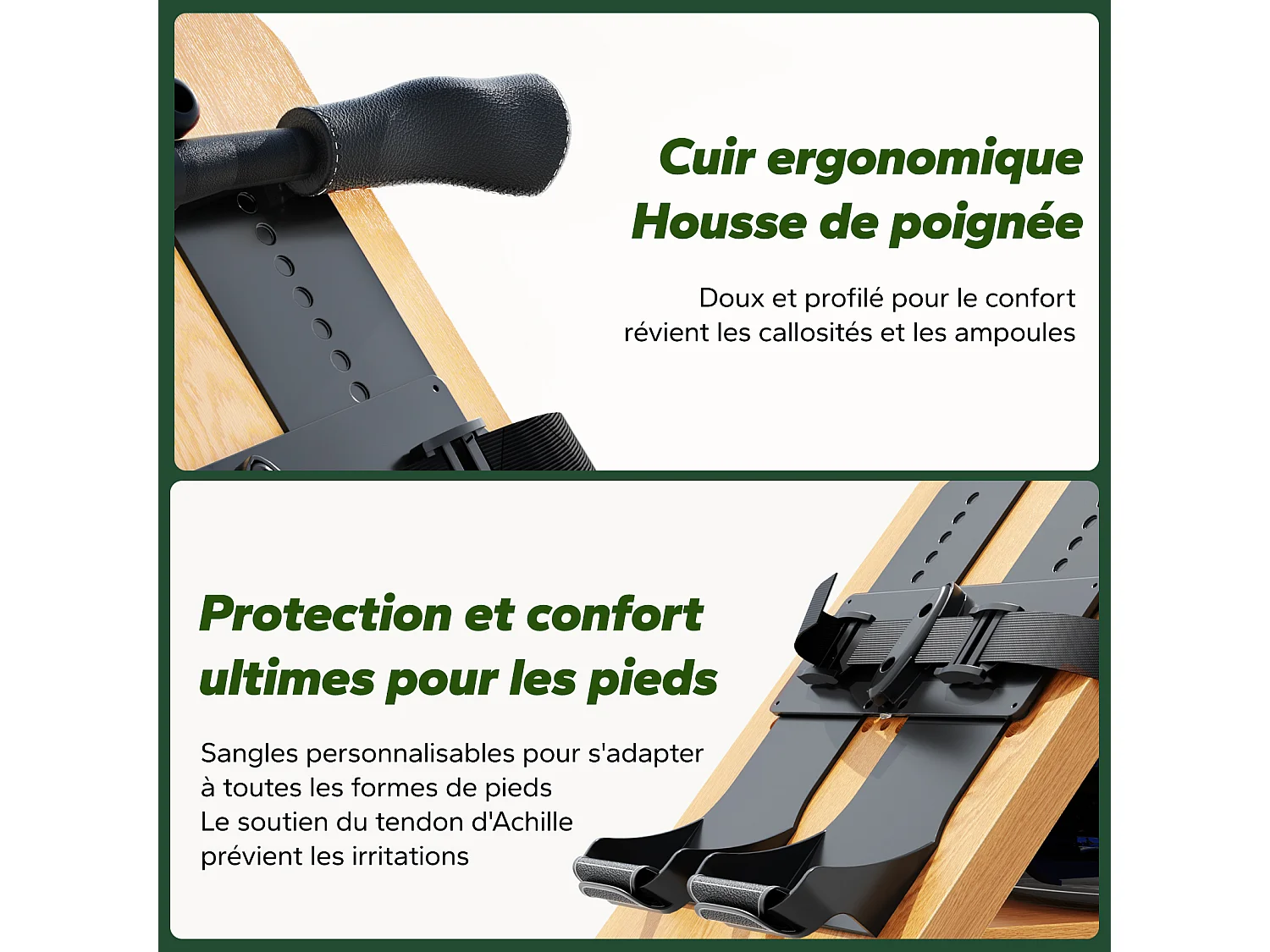 Rameur à eau pliable MERACH, 15 L, 6 repères de remplissage, Connectivité APP, Ecran LCD, Max 150kg, Bois d'hévéa clair