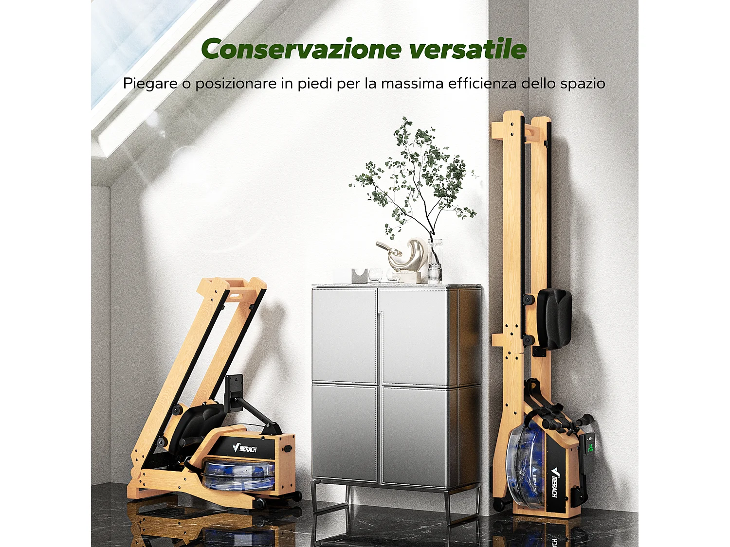 Rameur à eau pliable MERACH, 15 L, 6 repères de remplissage, Connectivité APP, Ecran LCD, Max 150kg, Bois d'hévéa clair