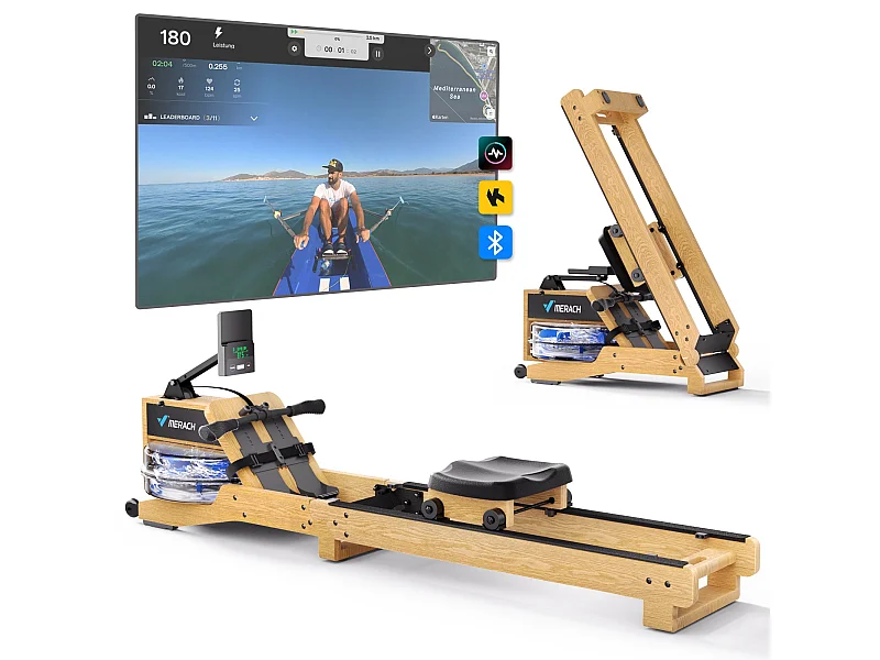 Vogatore ad acqua in legno Merach, regolazione manuale, 6 livelli di resistenza, serbatoio acqua 15L, schermo LCD, app connessa