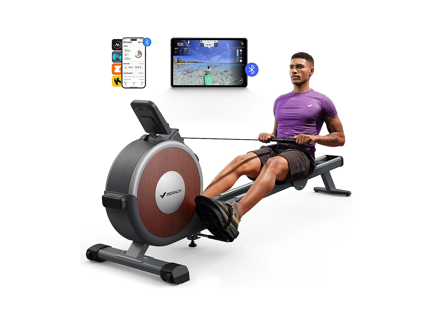 Rameur d'Appartement Merach, 16 Niveaux de Résistance, Deux Rails, Charge Maximale de 160 kg, Compatible avec APP