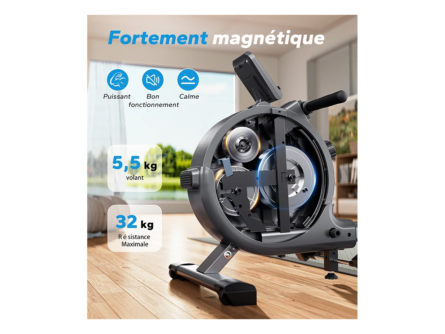 Rameur d'Appartement Merach, 16 Niveaux de Résistance, Deux Rails, Charge Maximale de 160 kg, Compatible avec APP