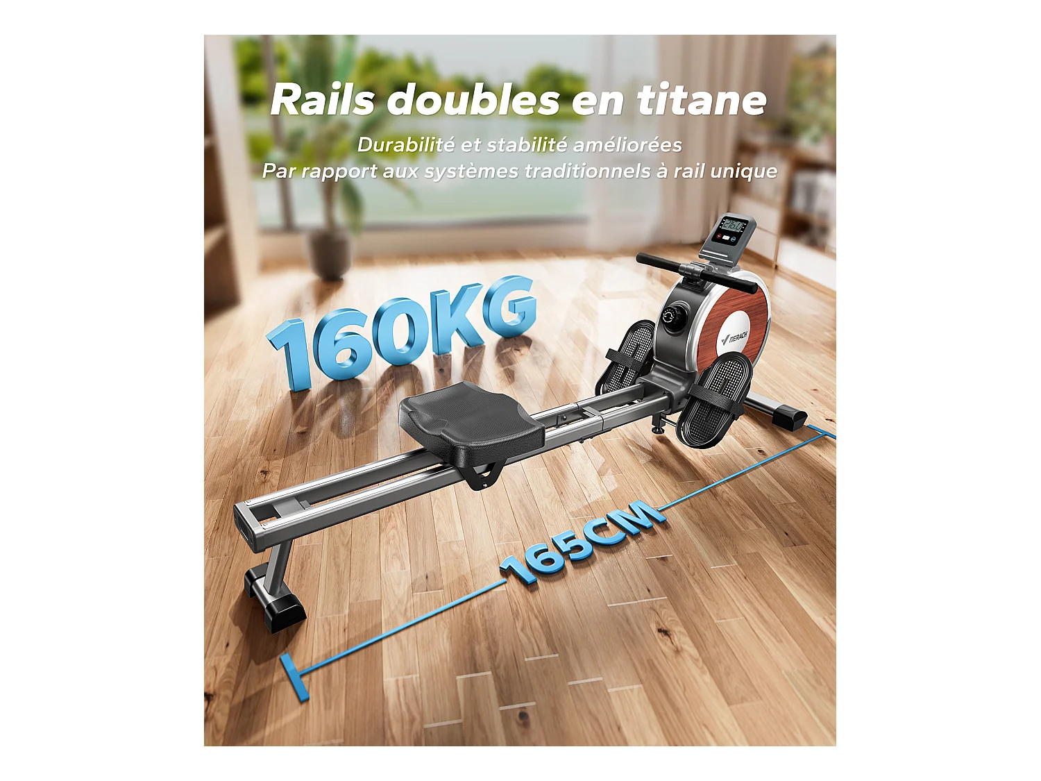 Rameur d'Appartement Merach, 16 Niveaux de Résistance, Deux Rails, Charge Maximale de 160 kg, Compatible avec APP