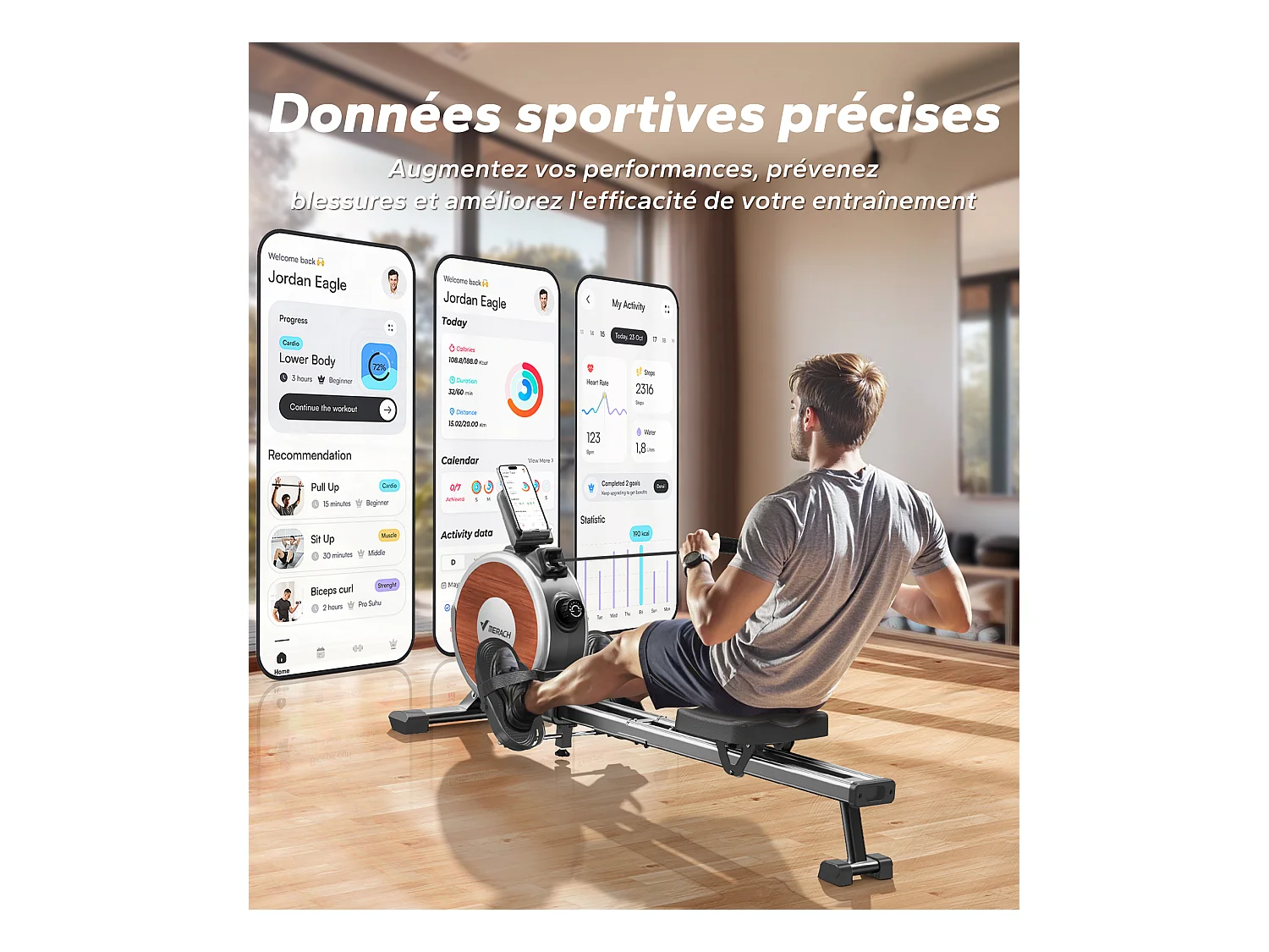 Rameur d'Appartement Merach, 16 Niveaux de Résistance, Deux Rails, Charge Maximale de 160 kg, Compatible avec APP