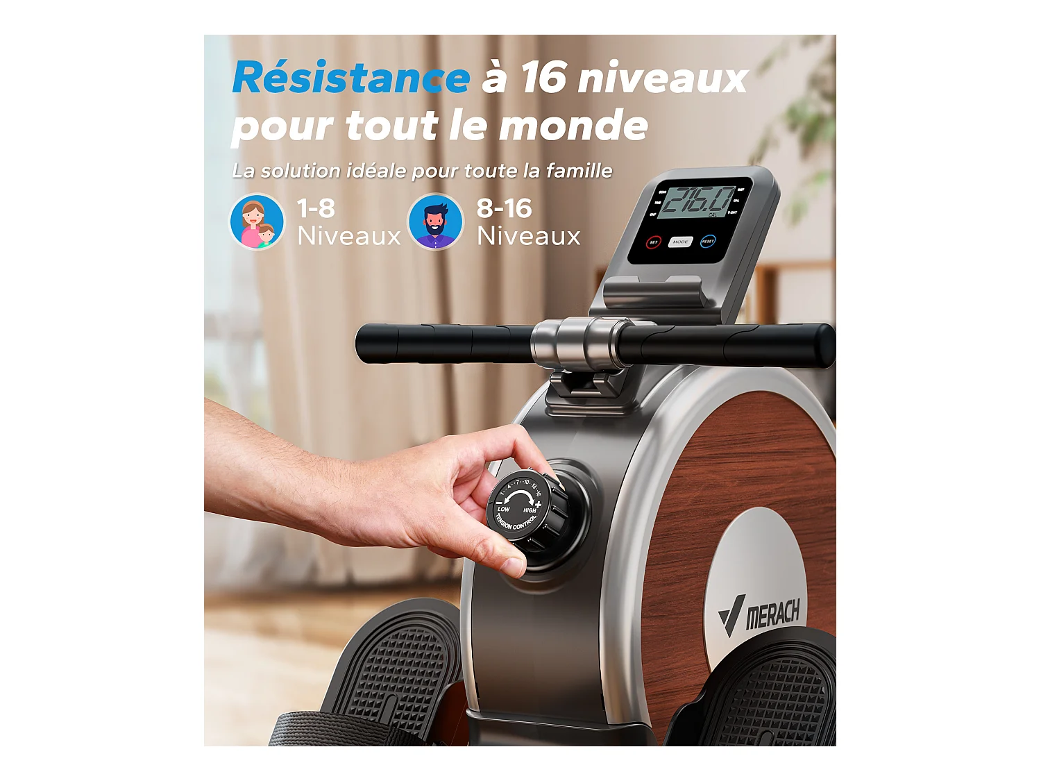 Rameur d'Appartement Merach, 16 Niveaux de Résistance, Deux Rails, Charge Maximale de 160 kg, Compatible avec APP