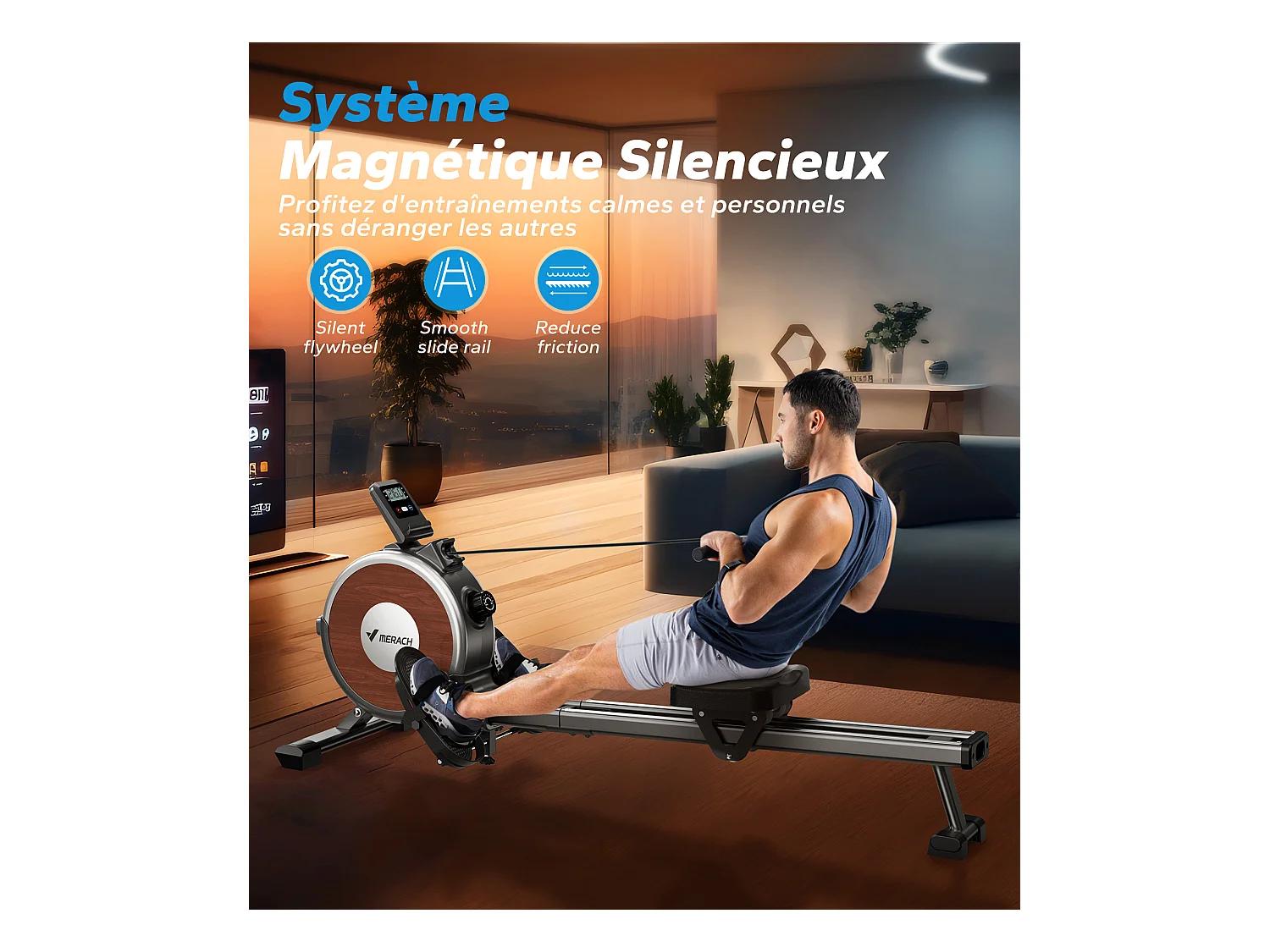 Rameur d'Appartement Merach, 16 Niveaux de Résistance, Deux Rails, Charge Maximale de 160 kg, Compatible avec APP