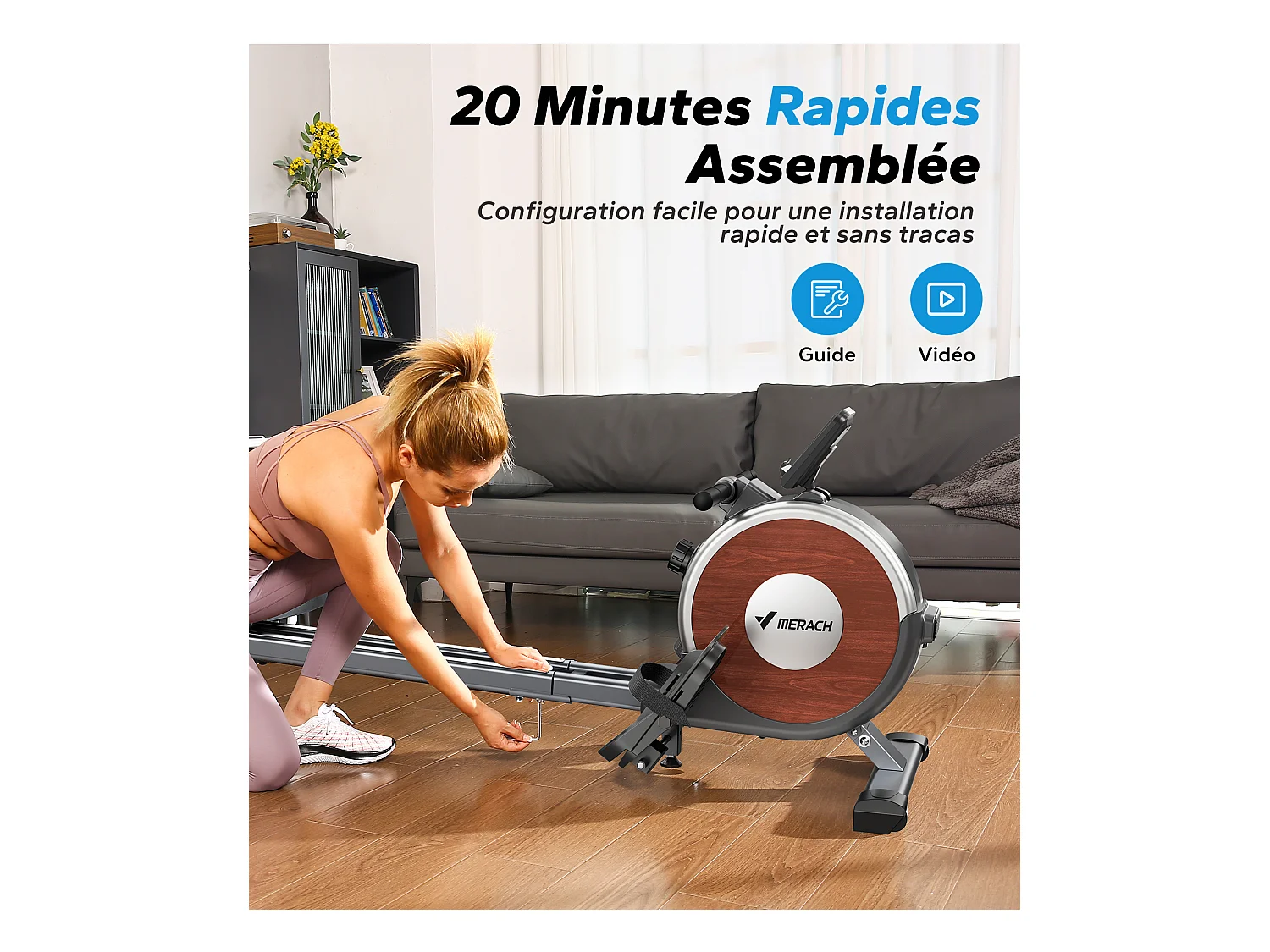 Rameur d'Appartement Merach, 16 Niveaux de Résistance, Deux Rails, Charge Maximale de 160 kg, Compatible avec APP