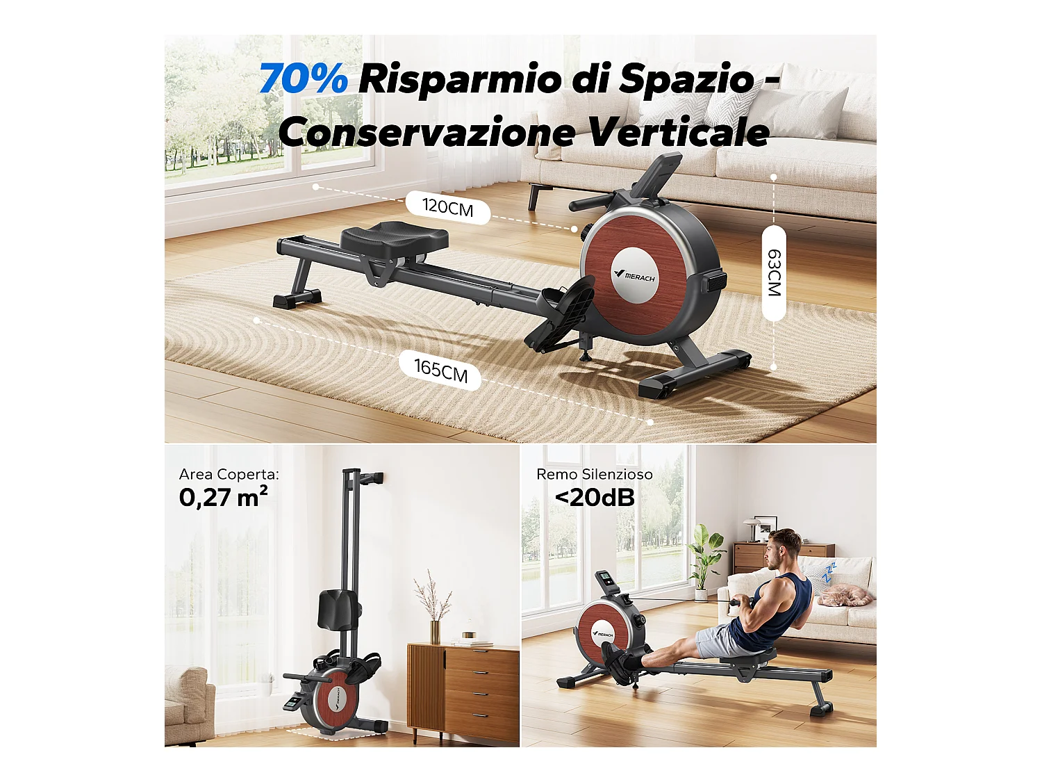 Rameur d'Appartement Merach, 16 Niveaux de Résistance, Deux Rails, Charge Maximale de 160 kg, Compatible avec APP