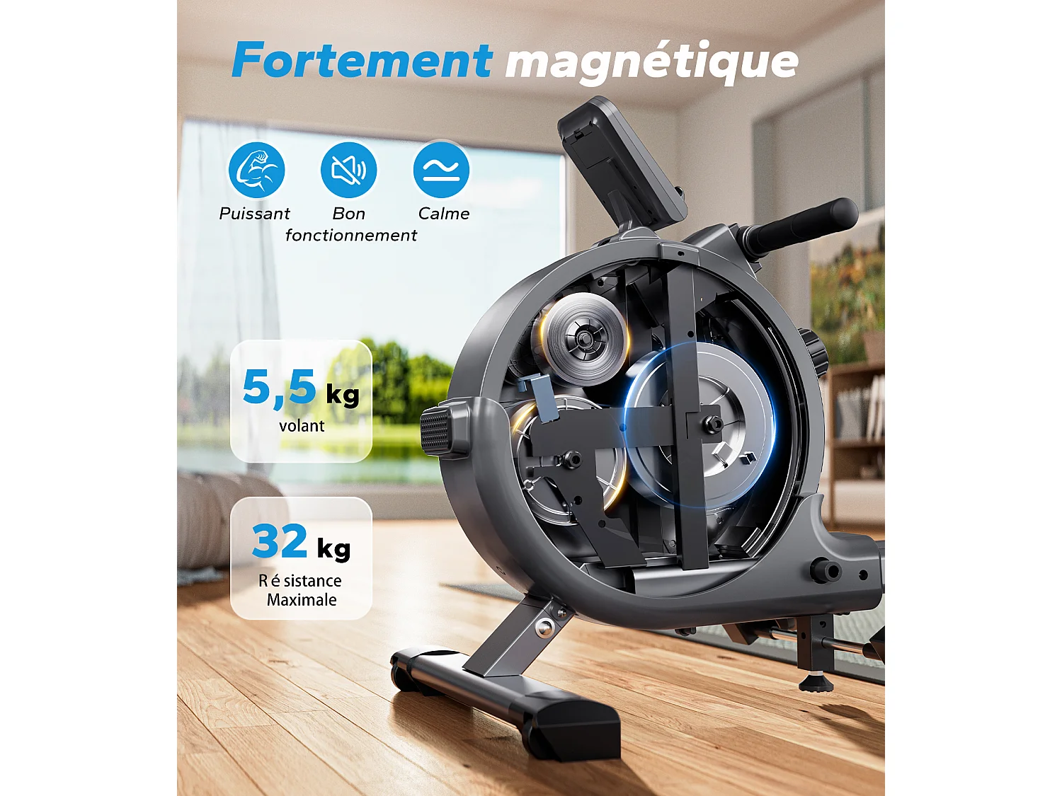 Rameur d'Appartement Merach, 16 Niveaux de Résistance, Deux Rails, Charge Maximale de 160 kg, Compatible avec APP