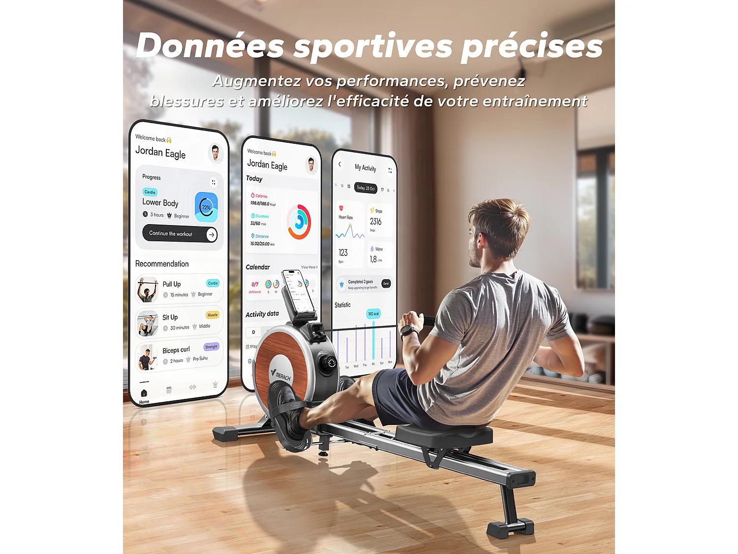 Rameur d'Appartement Merach, 16 Niveaux de Résistance, Deux Rails, Charge Maximale de 160 kg, Compatible avec APP