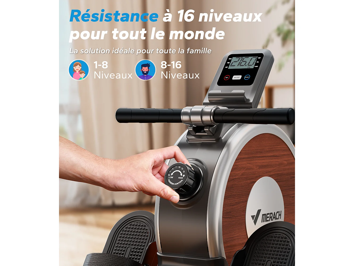 Rameur d'Appartement Merach, 16 Niveaux de Résistance, Deux Rails, Charge Maximale de 160 kg, Compatible avec APP