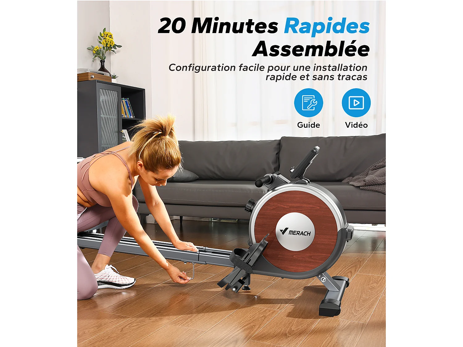 Rameur d'Appartement Merach, 16 Niveaux de Résistance, Deux Rails, Charge Maximale de 160 kg, Compatible avec APP