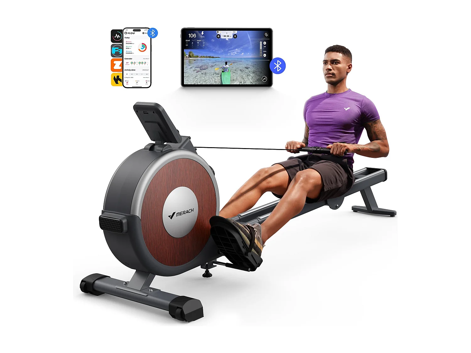 Vogatore Merach, 16 livelli di resistenza, due binari, carico massimo 160 kg, compatibile con APP