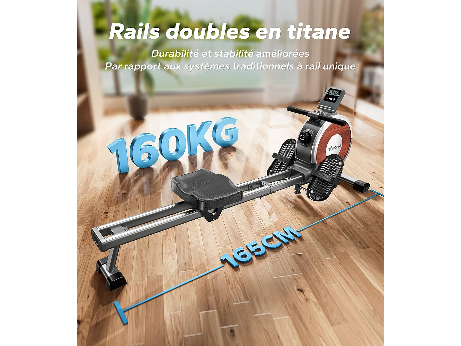 Vogatore Merach, 16 livelli di resistenza, due binari, carico massimo 160 kg, compatibile con APP