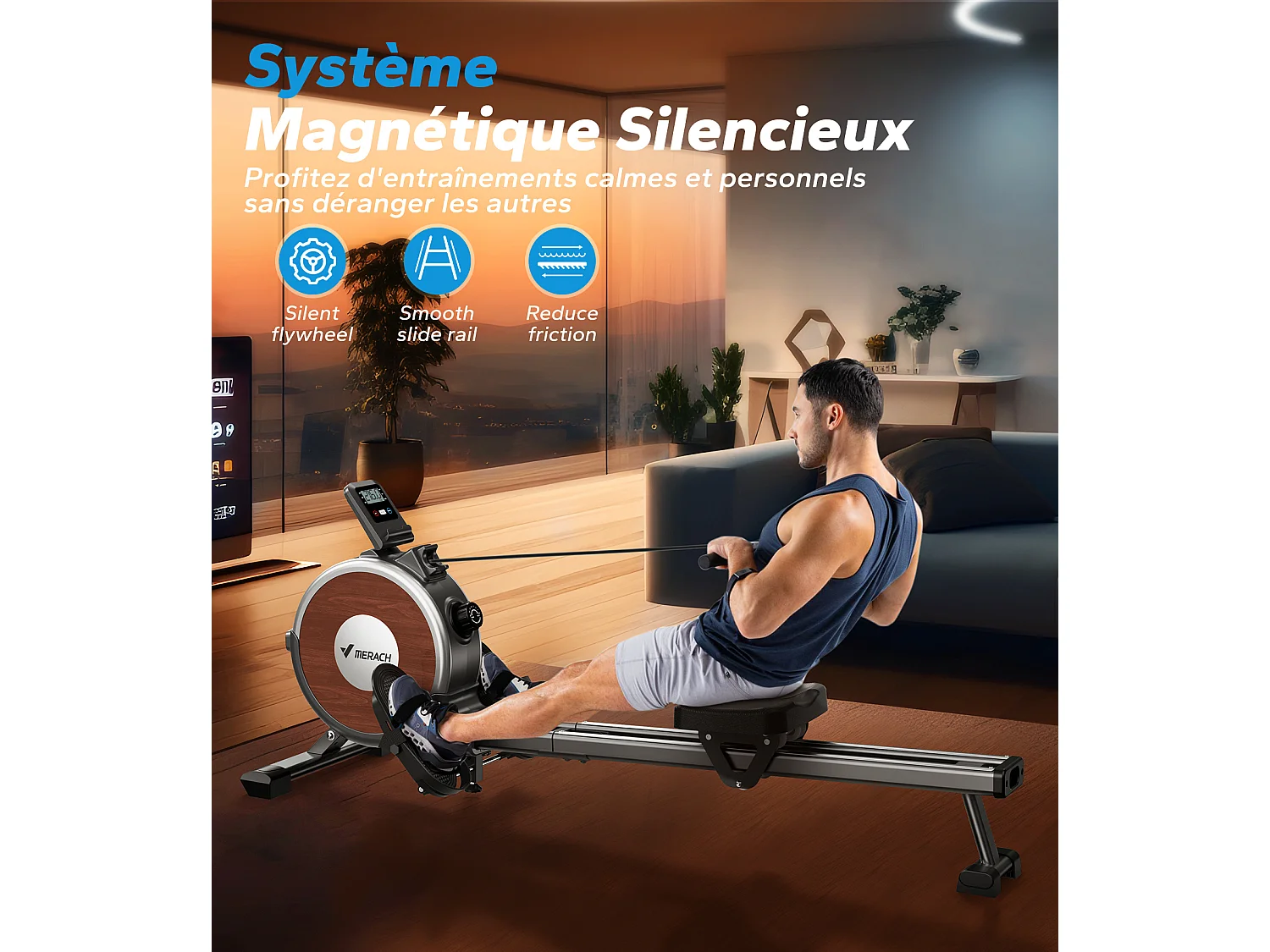 Vogatore Merach, 16 livelli di resistenza, due binari, carico massimo 160 kg, compatibile con APP