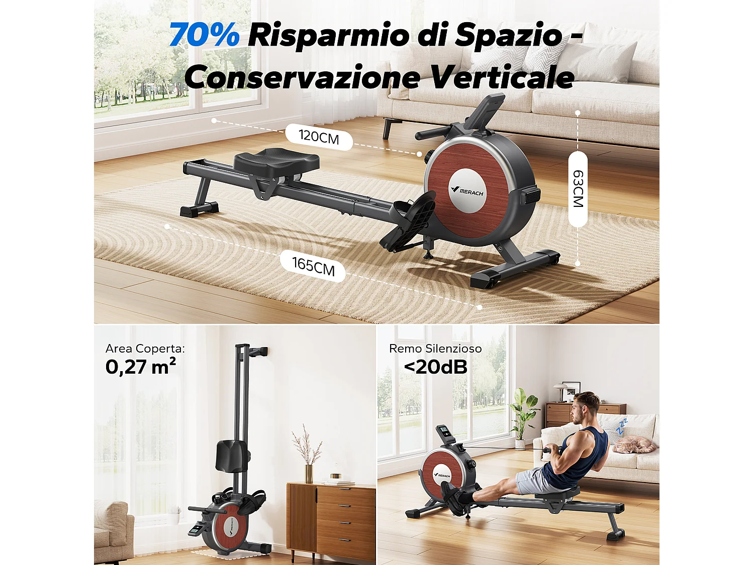 Vogatore Merach, 16 livelli di resistenza, due binari, carico massimo 160 kg, compatibile con APP