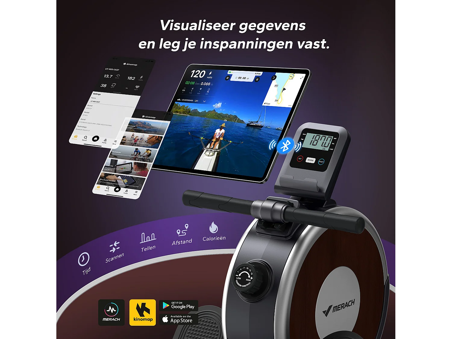 Vogatore Merach, 16 livelli di resistenza, due binari, carico massimo 160 kg, compatibile con APP