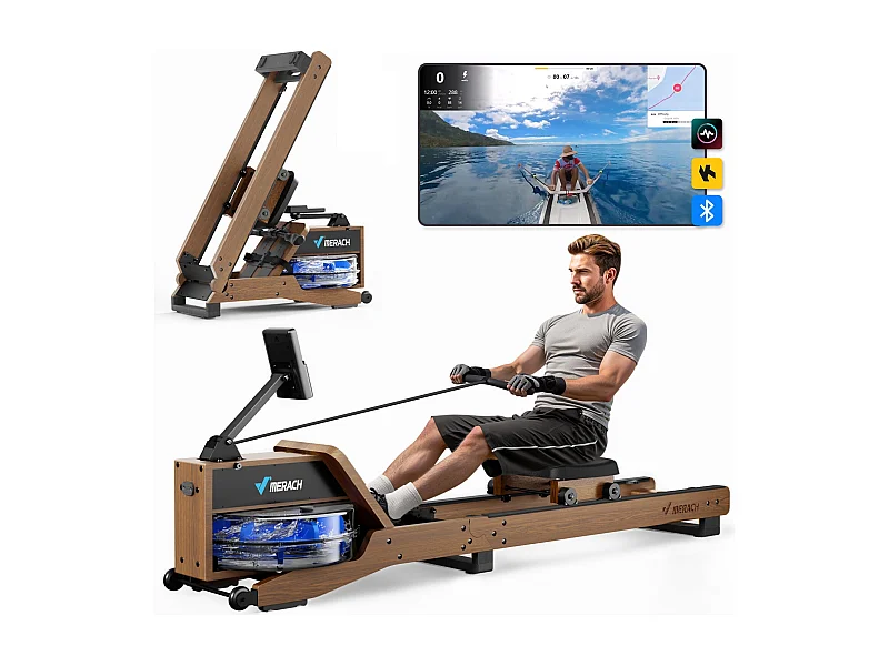 Vogatore ad acqua in legno Merach, 6 livelli di resistenza, schermo LCD, app connessa, serbatoio acqua 15L, regolazione manuale