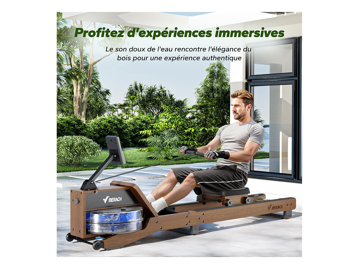 MERACH Wasserrudergerät Rot-Eichenholz – klappbar, Bluetooth-Display & Kinomap, verstellbare Halterung, vertikal verstaubar, bis 158 kg