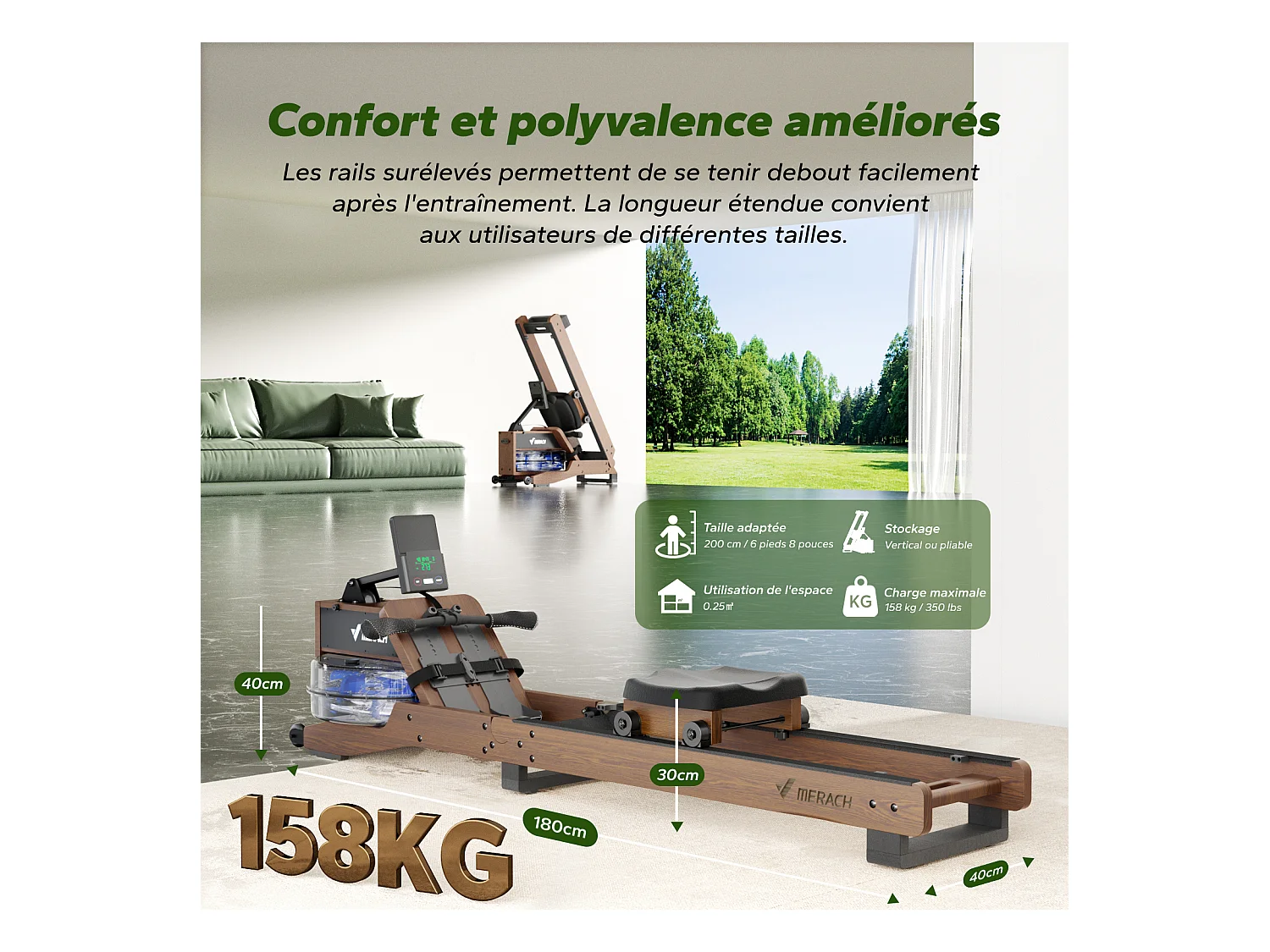 MERACH Wasserrudergerät Rot-Eichenholz – klappbar, Bluetooth-Display & Kinomap, verstellbare Halterung, vertikal verstaubar, bis 158 kg